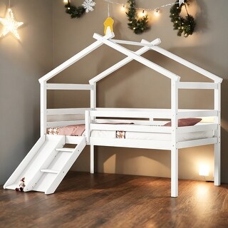 Kid-Friendly Design Twin Size Loft Bed with Slide, Ladder, Safety Guardrails, House Roof Frame