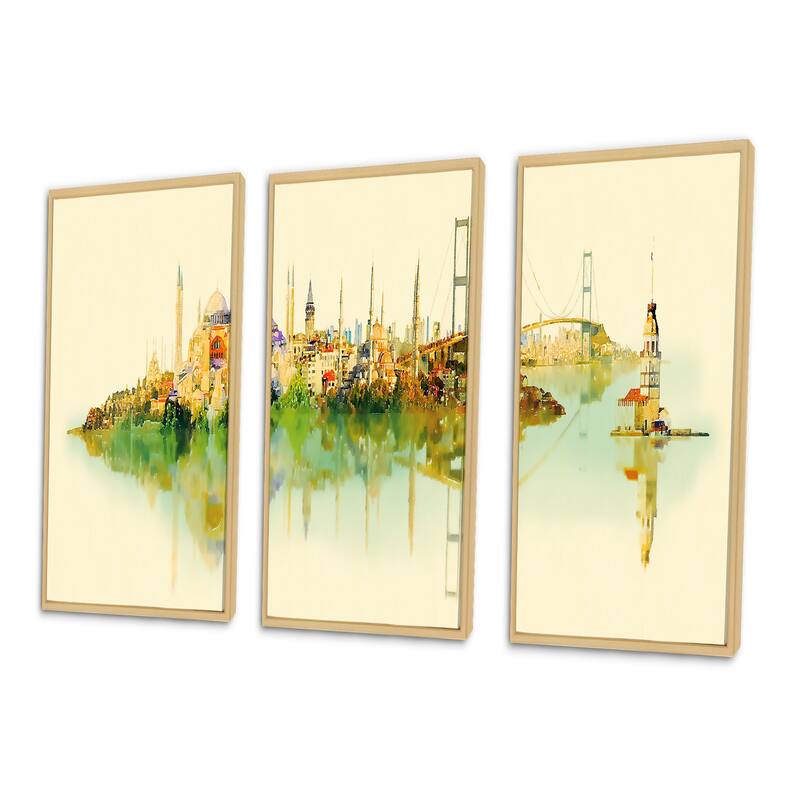 Designart "Istanbul Panoramic View" Cityscape Framed Canvas Wall Art Print Set of 3 4 Colors