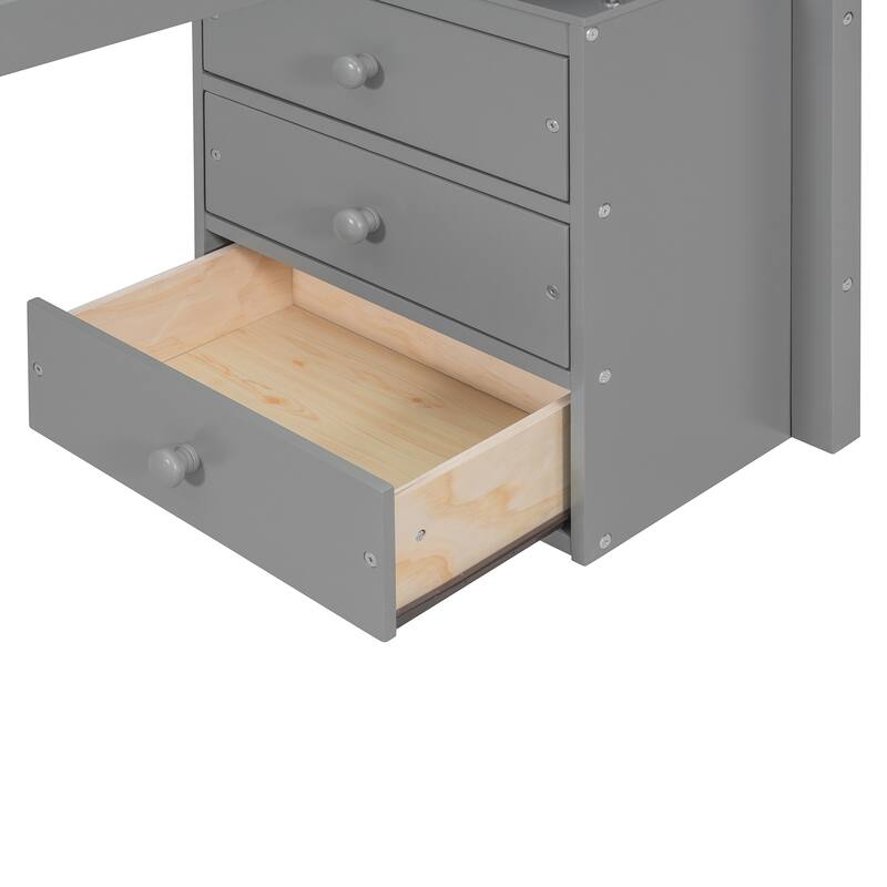 Stairway Wooden Bedframe Twin Size Loft Bed with Built-in Desk, Clothes Rail, Open Shelves, Drawers Cabinets and Guardrails