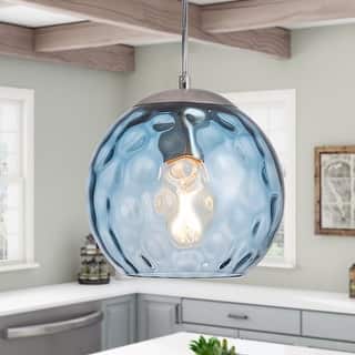 Modern Nickel Kitchen Island Pendant Light with Blue Stone Ripple Glass Shade
