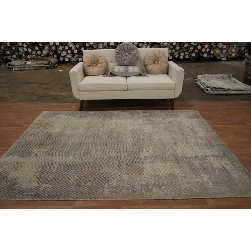 Hand Knotted Oriental Viscose Silk Carpet Modern All-Over Beige & Ivories Abstract Area Rug - 7' 9'' X 5' 10''