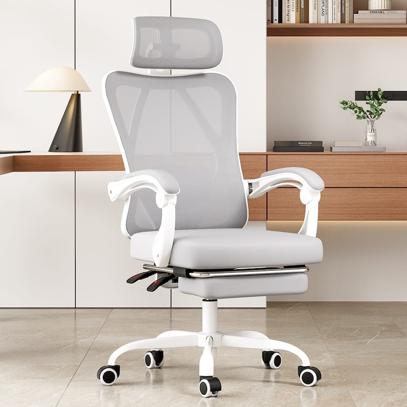 Ergonomic Office Chair with Footrest, Office Desk Chair with Headrest, High Back Computer Chair with Adjustable Lumbar Support - Grey