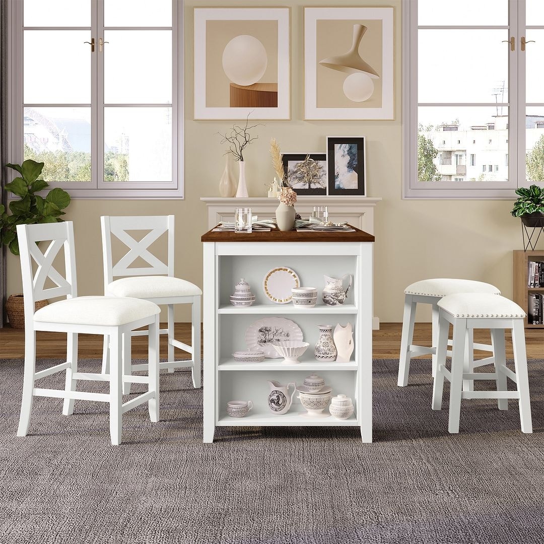 5 Piece Counter Height Dining Table Set With Storage Solid Wood Frame