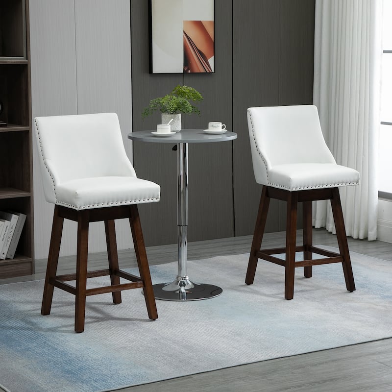 HOMCOM 28" Swivel Counter Height Bar Stools with Backs, Upholstered Dining Room and Kitchen Bar Stools Set of 2 with Wood Legs - White - Extra Tall/Bar Height - 29-32 in.