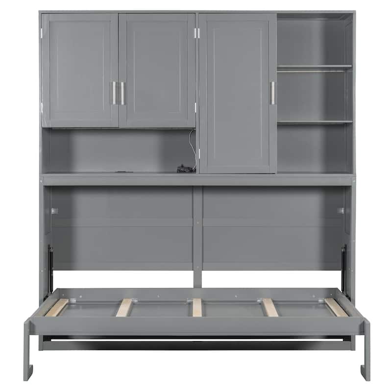 Twin/Full Size Murphy Bed Wall Bed with Top Cabinet, Shelves, Light, USB, and Storage, Space-Saving Foldable Design