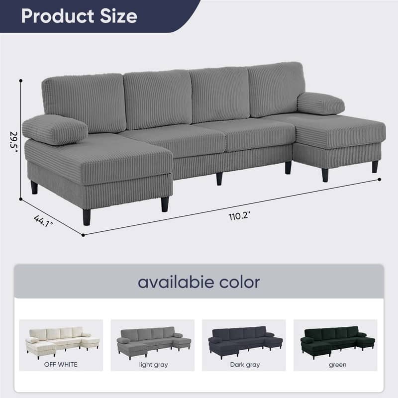 Mixoy W110"U-Shaped Sectional Sofa Couches with Double Chaises and Sleepable Armrests,Corduroy Upholstered 4-Seater Sofa