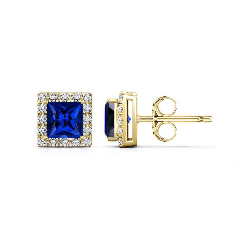 Auriya 14k Gold Lab Grown Gemstone Blue Sapphire Stud Earrings Princess 0.25 to 5.00 ct. tw. Halo Push-Back - 1.00ct tgw. - Yellow