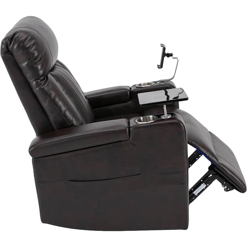 Roomfitters Power Recliner Seat with Storage Arms Cupholders Swivel Tray and Phone Stand, Brown