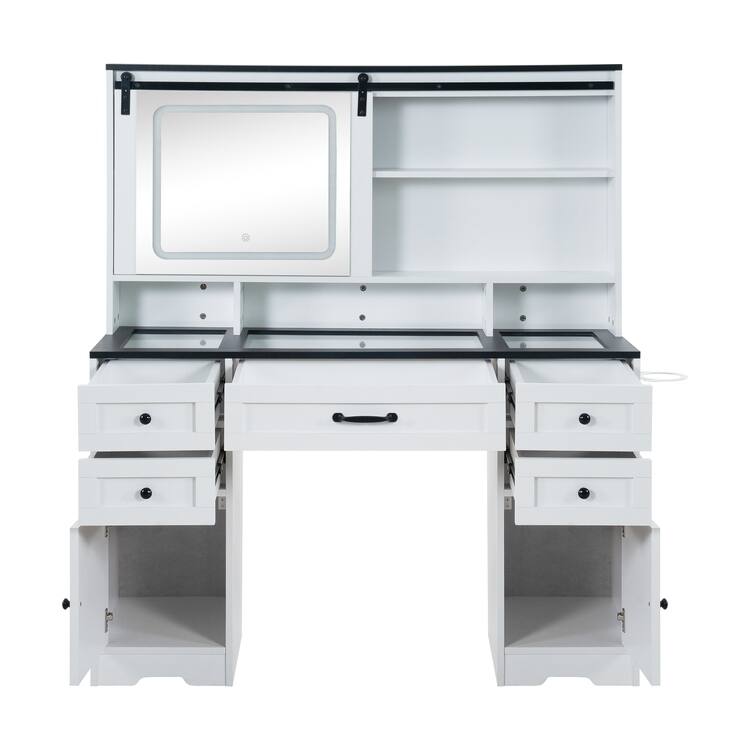 White Vanity Desk with Adjustable Sliding Mirror & Built-in Lights