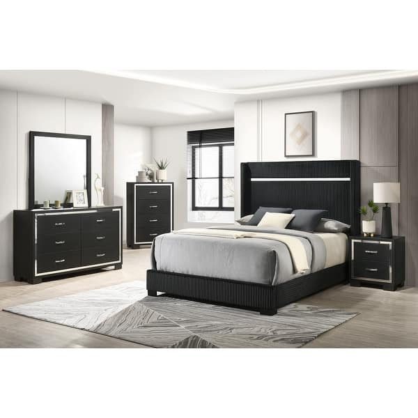 Pedro 3 Piece Black Velvel Upholstered Panel Bedroom Set - Bed Bath & Beyond
