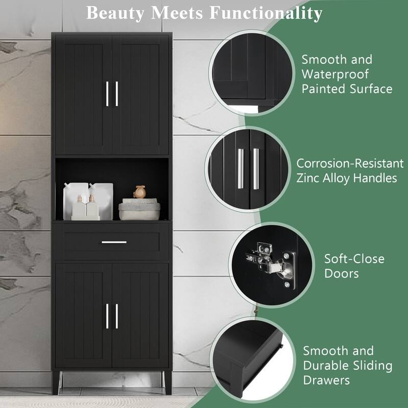 70.9" High Freestanding Tall Bathroom Cabinet with a Drawer, 2 Cabinets, 4 Soft-Close Doors, 2 Adjustable Shelves, Open Storage