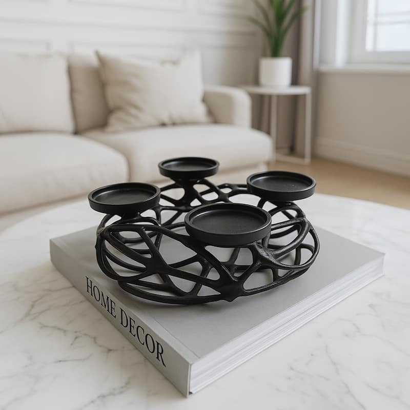 12 Inch Decorative Handmade Aluminum Modern T-Light Candle holder - 12 x 12 x 4.5 in - Black