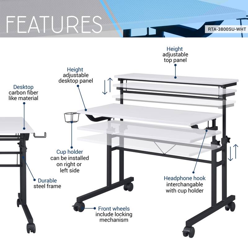 Techni Mobili Rolling Writing Desk with Height Adjustable Desktop
