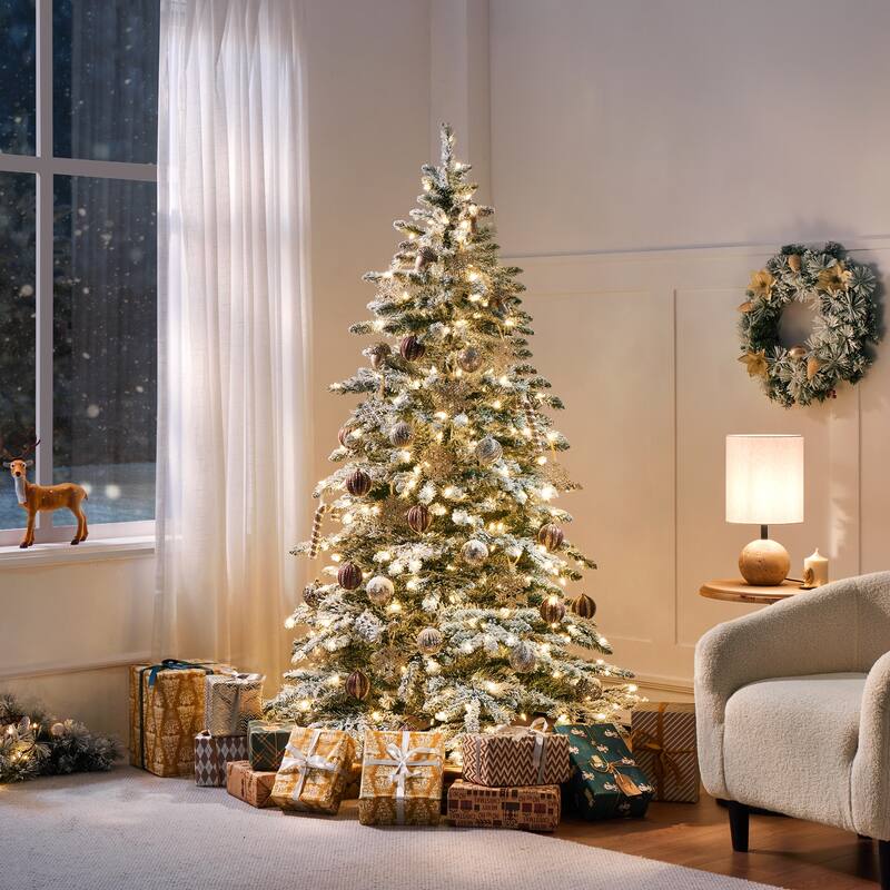Yaheetech 6ft/7.5ft Pre-lit Snow Flocked Christmas Tree with 400 Warm LED Lights & 940 Tips, Green - 6 Foot