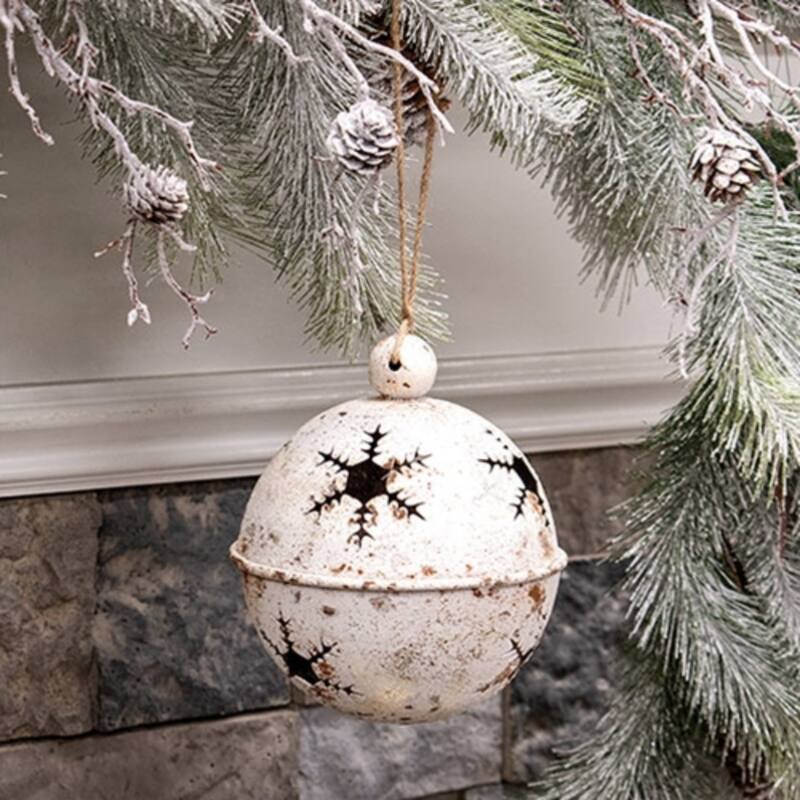 Gleaming Distressed White Metal Snowflake Jingle Bell - 5" x 7.25 - 5" x 7.25"