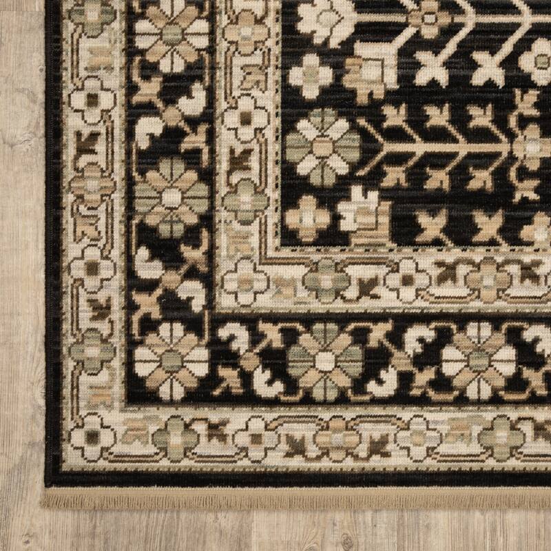Adelaide Traditonal Bordered Floral Black/ Beige Wool Blend Area Rug