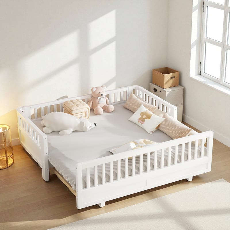 Convertible Twin/Twin XL Solid Wood Platform Bed with Guardrails, Expands to Double Twin or Queen Size, Durable Frame - White - Twin