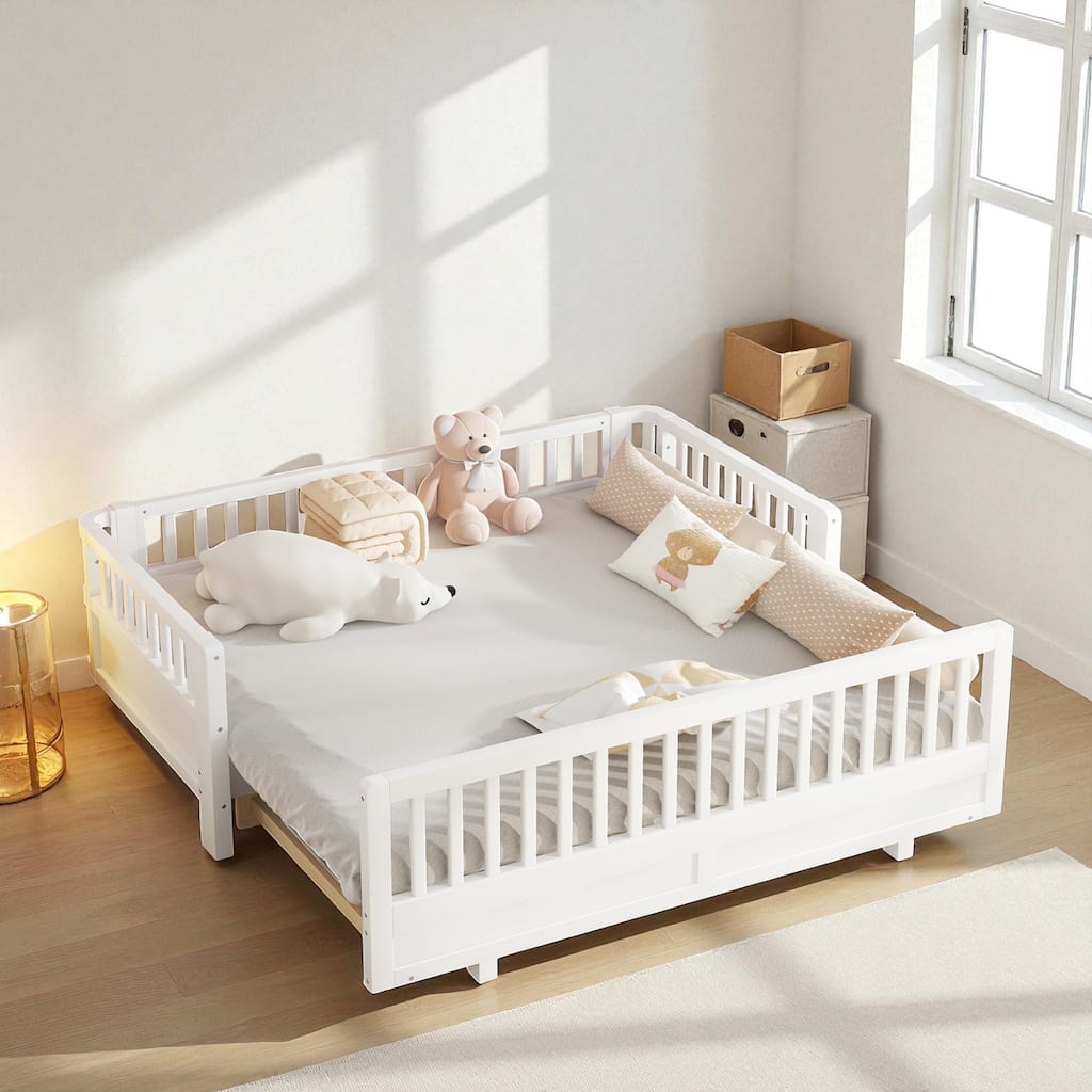 Convertible Twin/Twin XL Solid Wood Platform Bed with Guardrails, Expands to Double Twin or Queen Size, Durable Frame