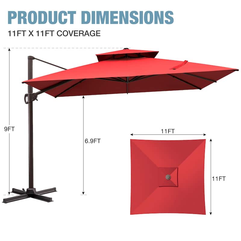 VredHom 11x11 FT Outdoor Patio Double Top Cantilever Offset Umbrella