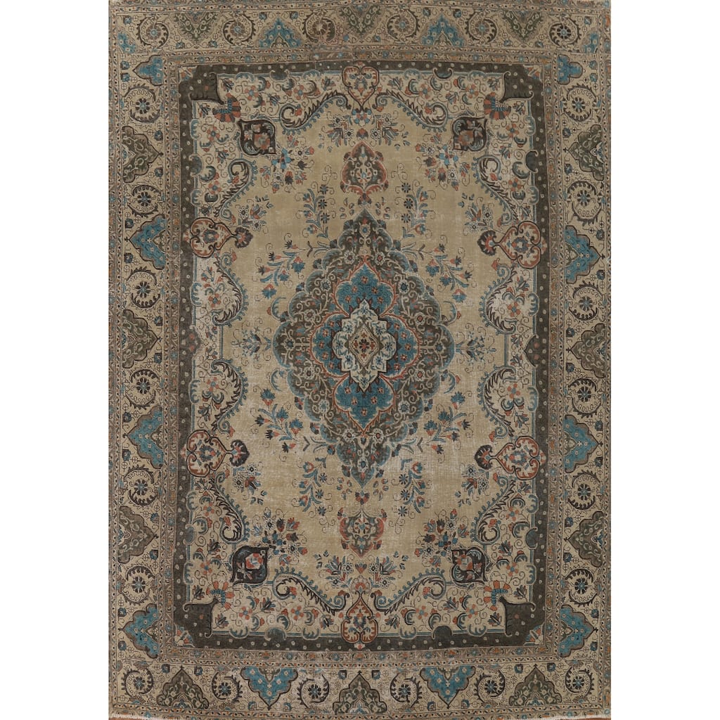 Distressed Tabriz Persian Rug Handmade Floral Wool Carpet - 9'5" x 12'4"