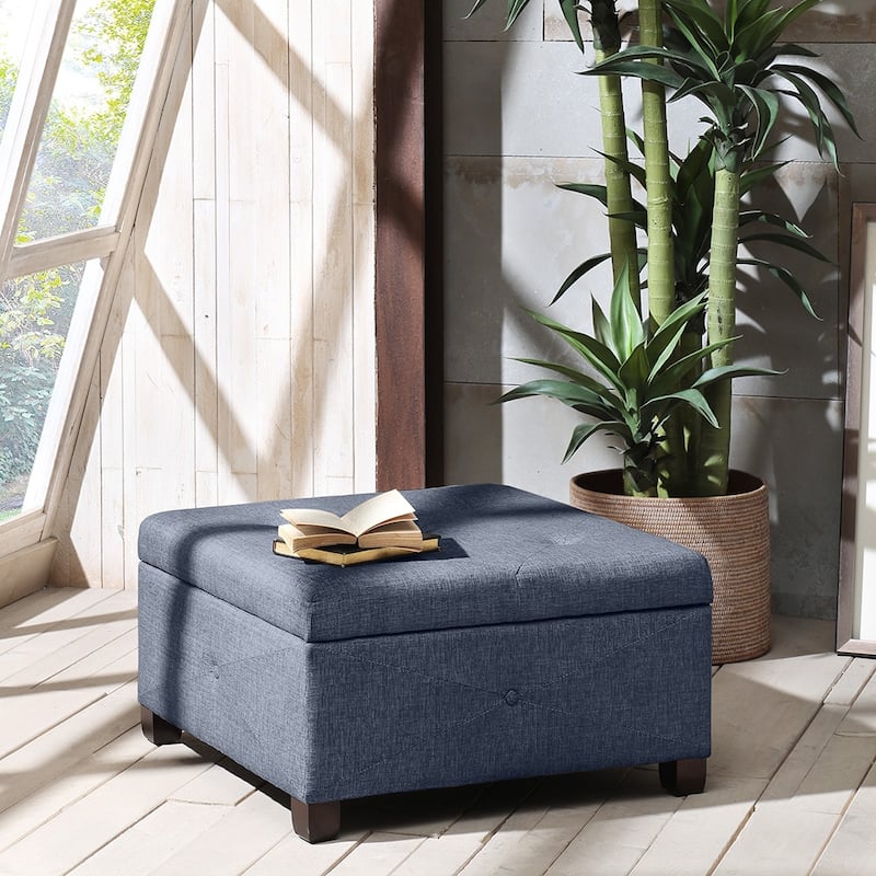 Blue Upholstered Storage Ottoman with Button-Tufted Details and Solid Wood Legs - Blue - Medium