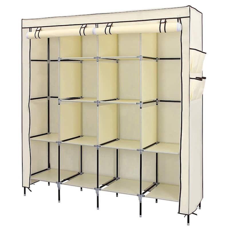 67" Clothes Closet Portable Wardrobe Clothes Storage Rack 12 Shelves 4 Side Pockets,Beige