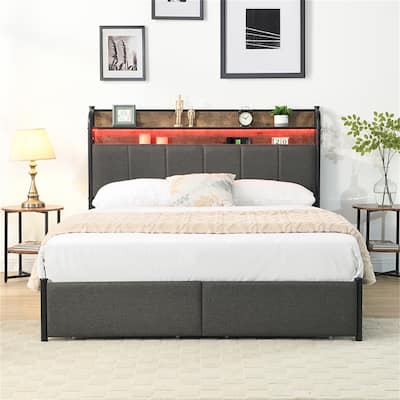 Queen Bed Frame Storage Headboard with Charging Station