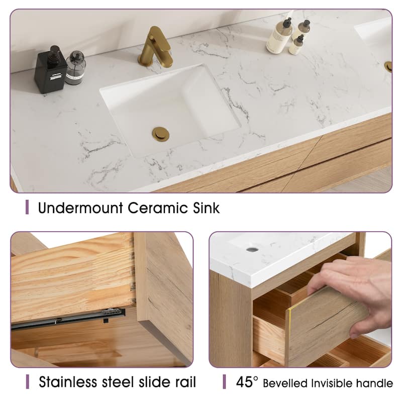 Sylphar 84 inch Bathroom Vanity with Sink, Floating Oak Cabinet with Stone Top