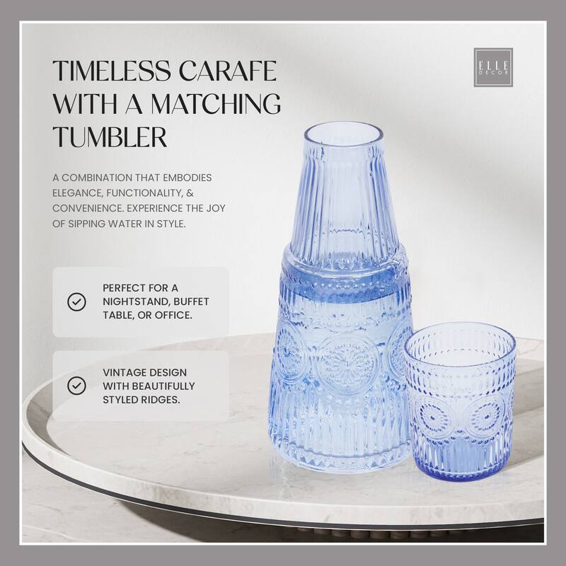 Elle Decor Bedside Water Carafe with Tumbler Set Pitcher - 33 oz