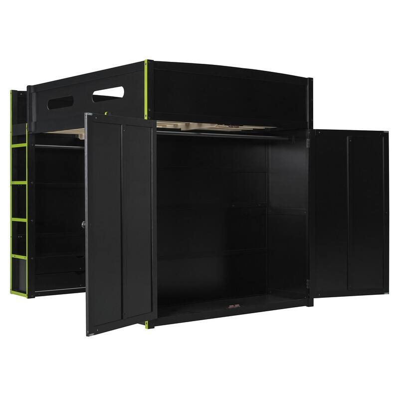 Full Size Versatile Loft Bed w/ Built-in Desk w/ Charging Station, Wood Storage Gaming Bed Frame w/ Wardrobe and Drawer