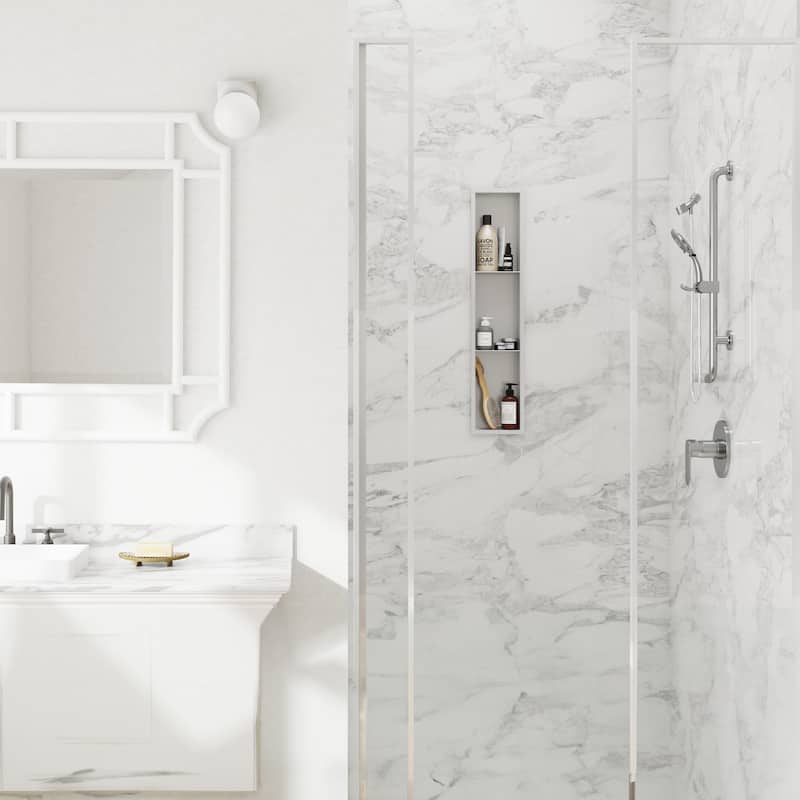 8-in x 36-in Ultra-thin Frame Recessed 3-Section Stainless Steel Shower Niche Brushed Stainless Steel