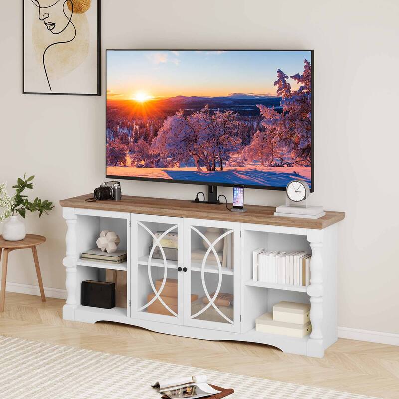 Moasis Farmhouse TV Stand with Mount for 32-70 Inch TVs, Entertainment Center with Power Outlets & Tempered Glass Doors