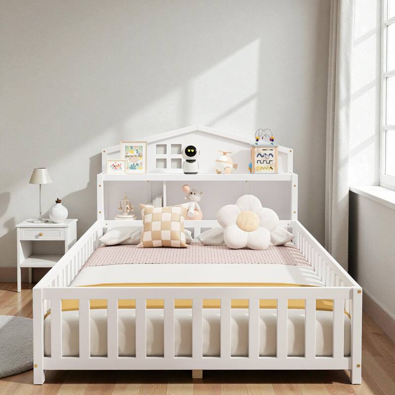 Full Size Montessori Floor Bed with Guard Rails, Bookcase Headboard & Blackboard, Solid Wood Platform Bed for Kids