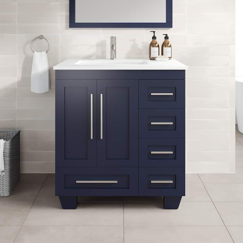 Eviva Loon 30"W Bath Vanity with Carrara Quartz Vanity Top & Undermount Sink - Blue