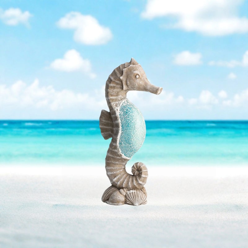 Glitzhome Faux Granite Mosaic Sitting Elephant Sea Horse Mermaid Garden Statue Ocean Figurine - Single Sea Horse
