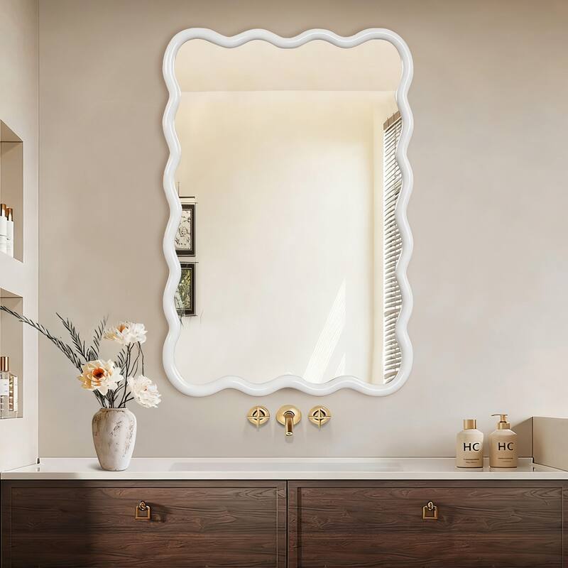 GDFStudio - Liorra Modern Artistic Wavy Rectangular Solid Wood Decorative Wall Mirror with Organic Flow Design - White - 24" x 36"
