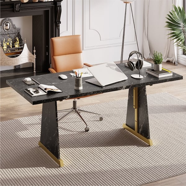 slide 2 of 15, 70'' Wood Dining Tables with Metal Base For 6-8 People , Rectangle Kitchen Table & Brown Computer Desk For Home Office Black