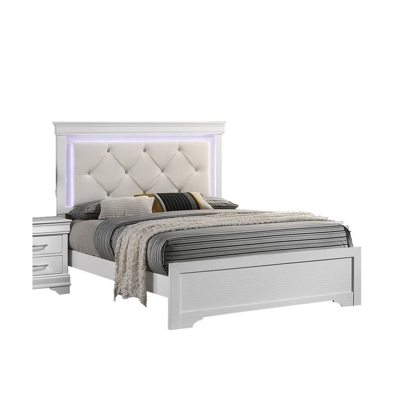 Queen Size Tufted LED Headboard Bed with Faux Leather and Diamond Design