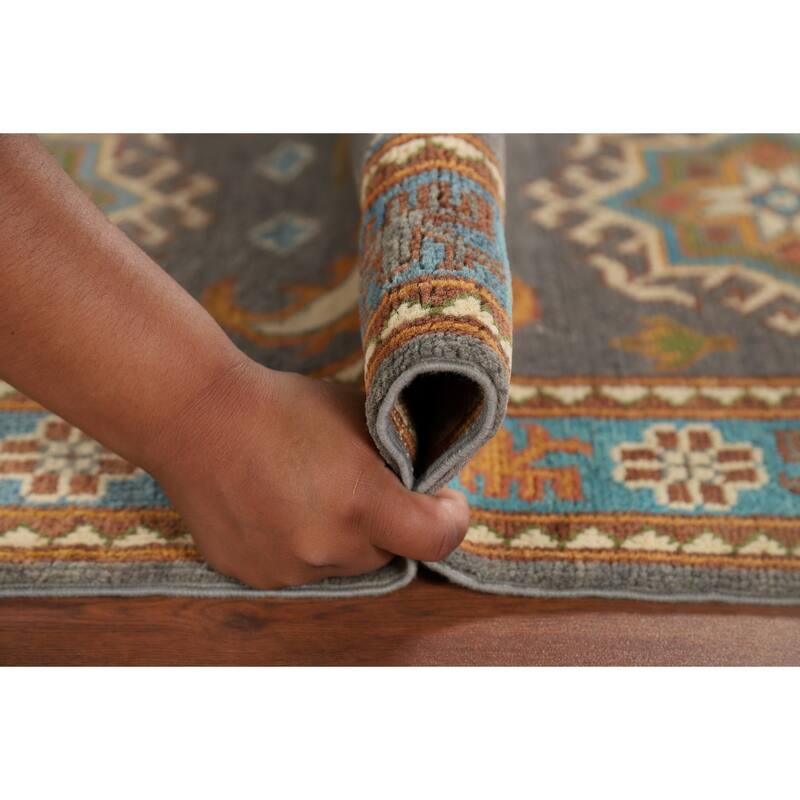 Gray Geometric Kazak Oriental Runner Rug Handmade Grey Wool Carpet - 2'1" x 10'1"