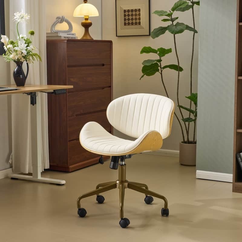 PU Curved Office Chair With Antique Bronze Base - White