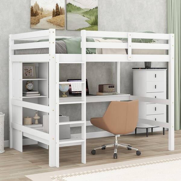 slide 2 of 8, White Full Loft Bed with Desk and Shelves