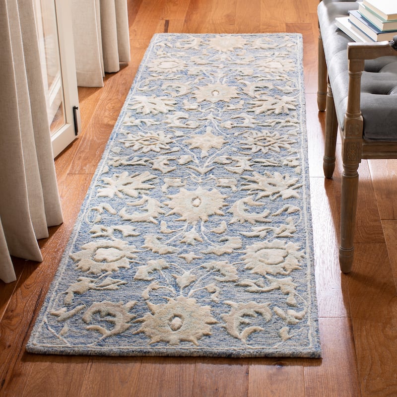 SAFAVIEH Handmade Glamour Marsona Floral Wool Rug - 2'3" x 8' Runner - Blue/Beige