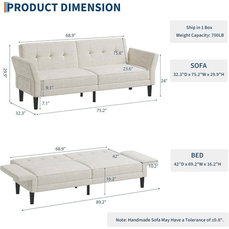 89" Futon Sofa Bed, with Adjustable Backrest & Armrest