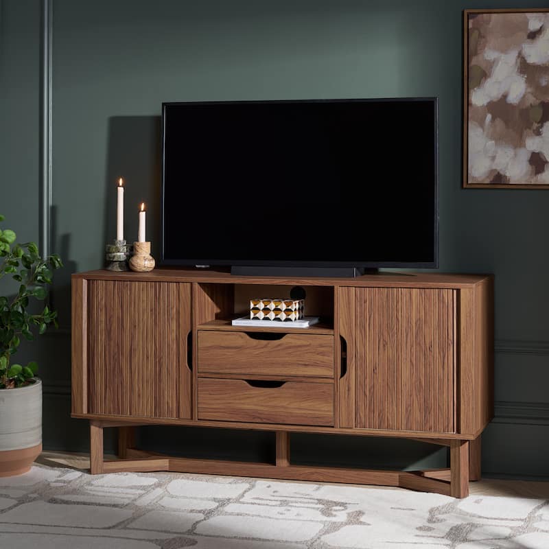 SAFAVIEH Home Ilyum 2-Drawer Tambour Doors Sideboard/TV Stand - 55"W x 16"D x 28"H - Walnut