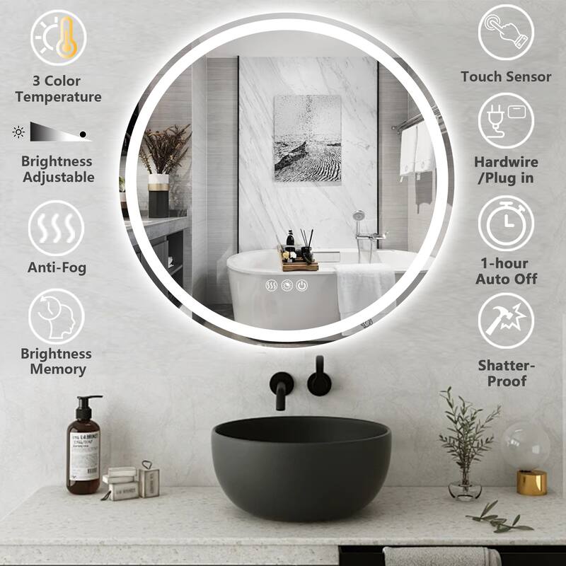 Round LED Bathroom Mirror Frameless Wall Mounted LED Bathroom Vanity Mirror Dimmable Anti-Fog 3 Colors LED Makeup Mirror