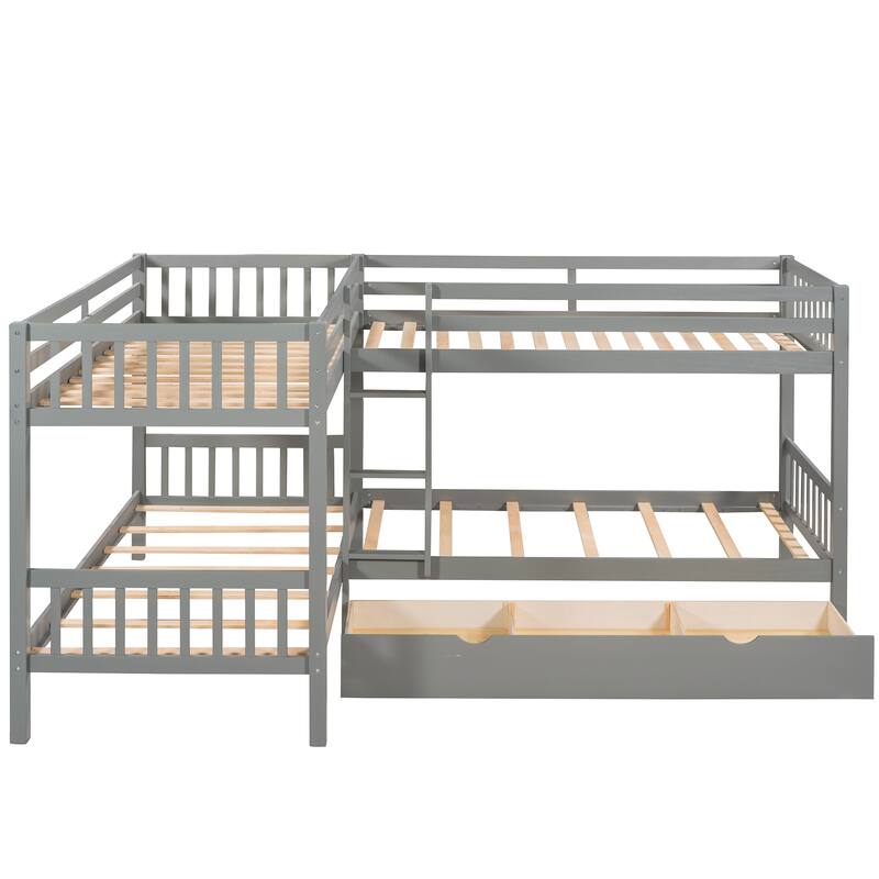 Gray Twin L-Shaped Bunk Bed with Drawers, Pinewood Construction, Space-Saving Design