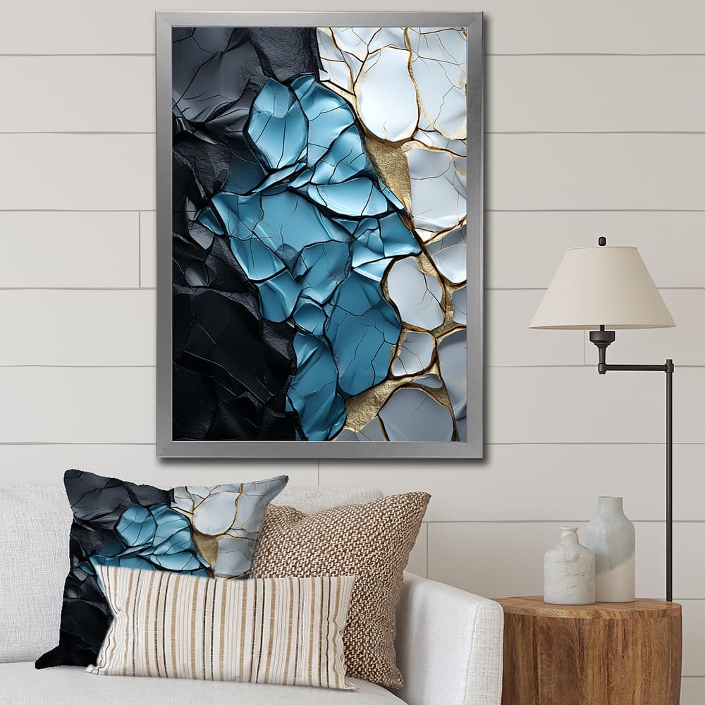 Designart "Turquoise White And Gold Marble Art" Abstract Painting Framed Canvas Art Print