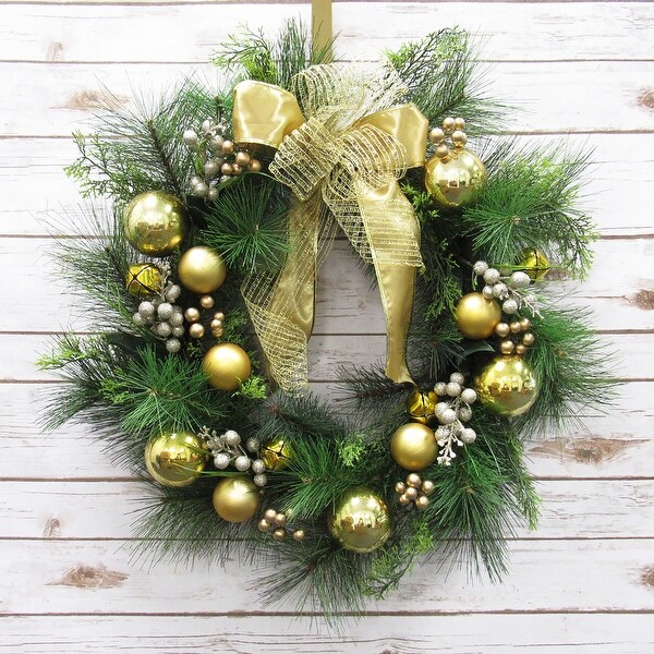 Deluxe Gold Artificial Ornament Bell Berry & Pine Christmas Wreath