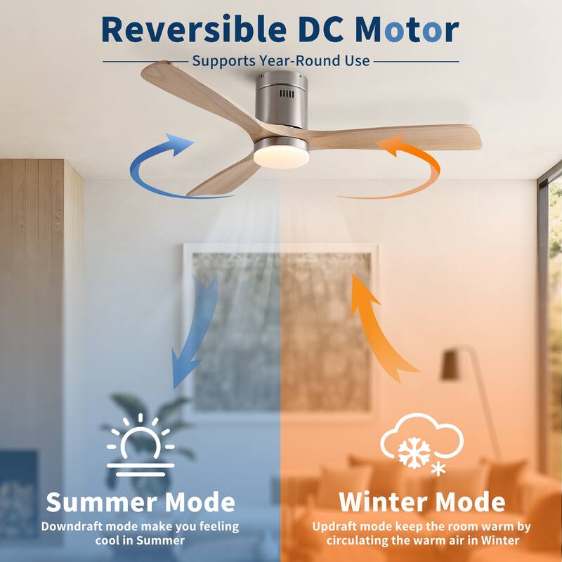 52 inch Mordern Cozy Natural Style Solid Wood Low Profile Flush Mount Intergrated LED Ceiling Fan with Light - Brushed Nickel