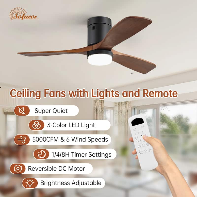60 Inch Solid Wood Ceiling Fan with Light and Remote, Reverse Functions, Integrated Light Optional
